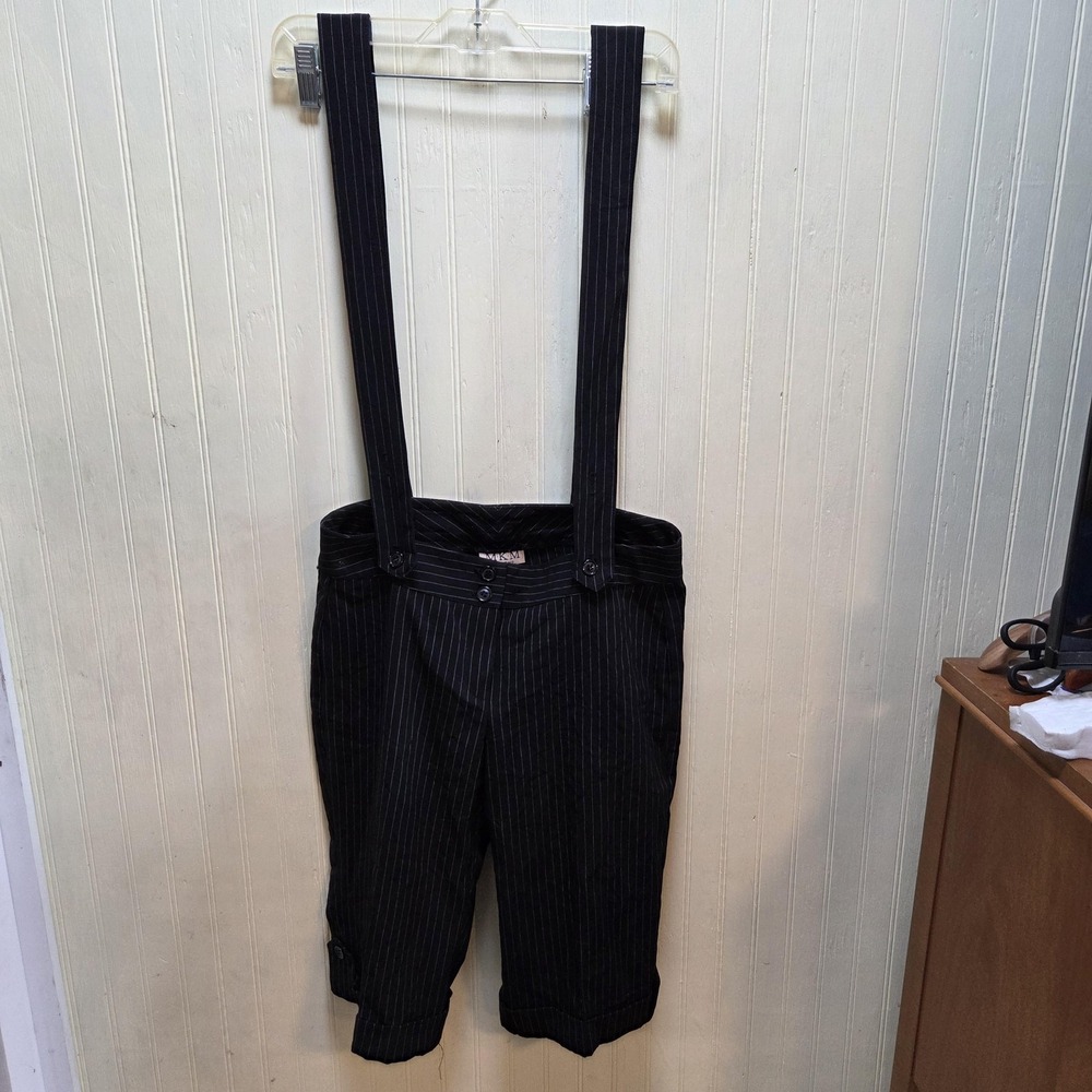 MKM Designs Capri Pants Juniors 5 Black Pinstripe Suspenders Stretch Cuffed